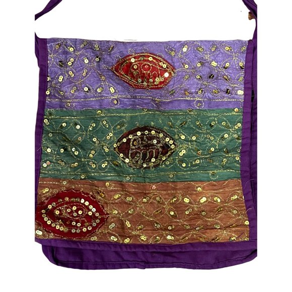 Purple Sequins Boho Hippie Crossbody Bag - Picture 2 of 3